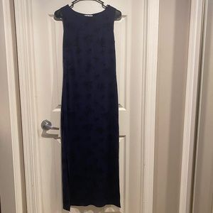 Navy blue floor length dress with black rose/floral detailing